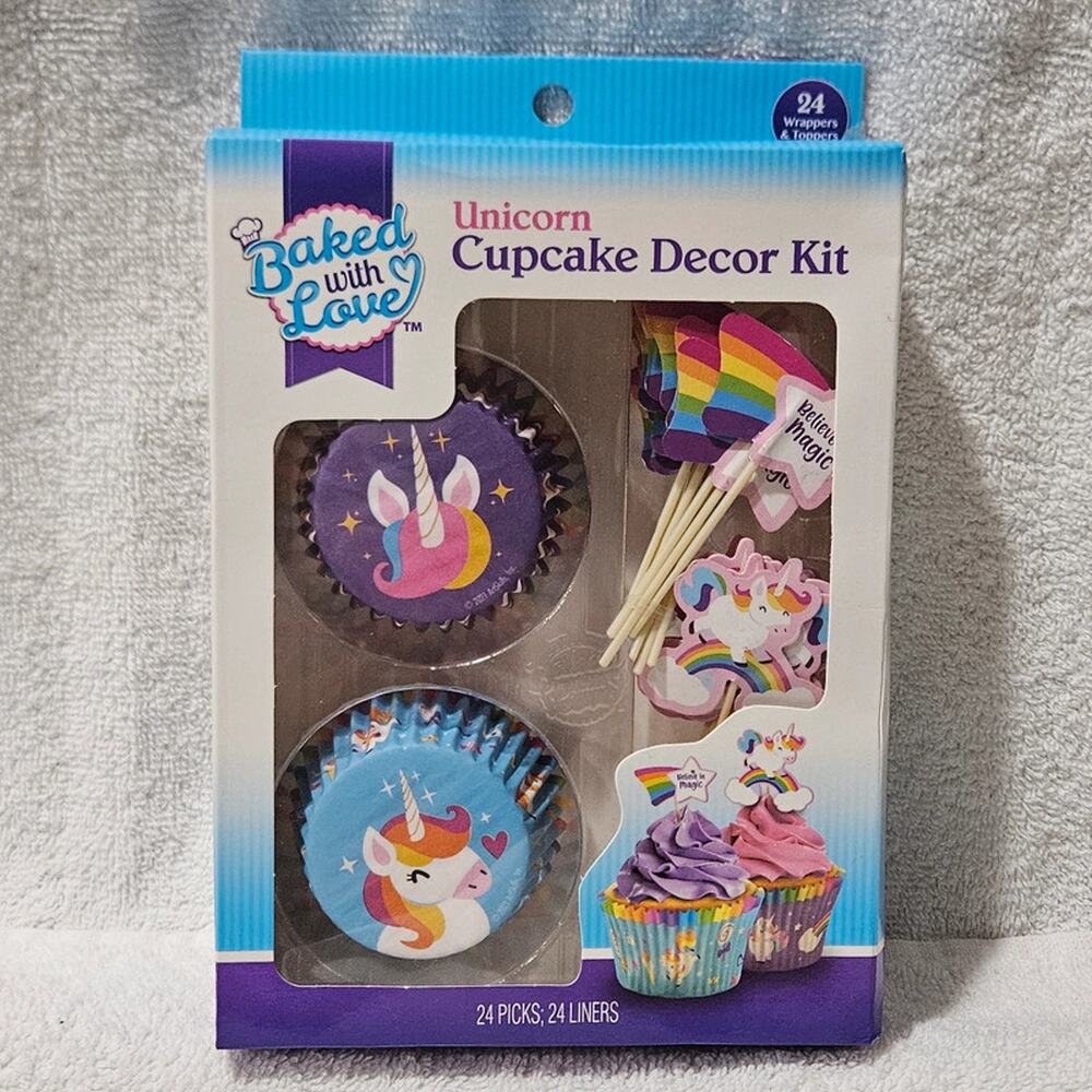 Baked With Love Unicorn Cupcake Decor Kit 24 Picks 24 Liners Birthday Party NEW